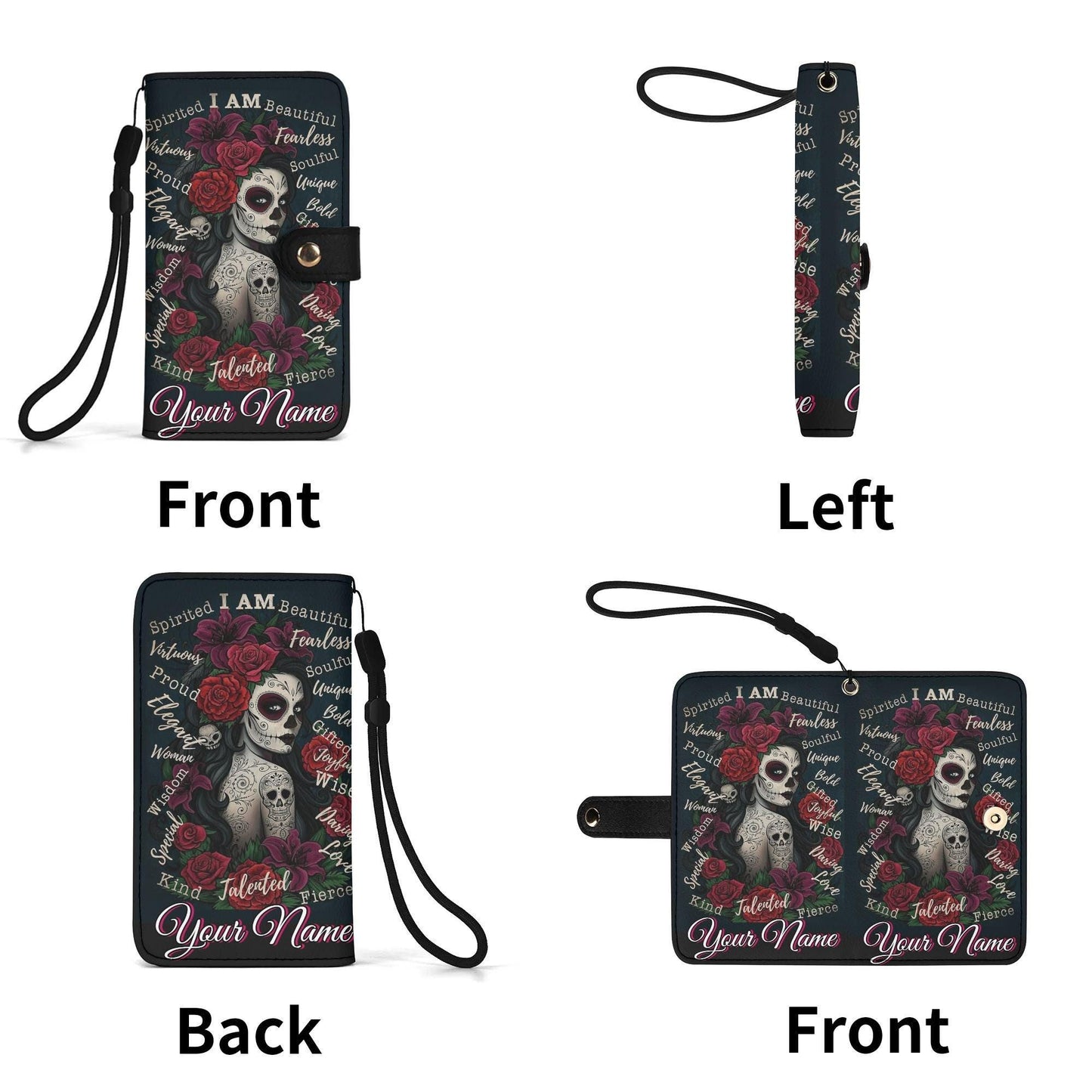 Sugar Skull girl Phone Wallet Case â€“ Custom Name â€“ Candy skull Leather Flip Cover with Card Holder, Dia de los muertos skull Phone Case