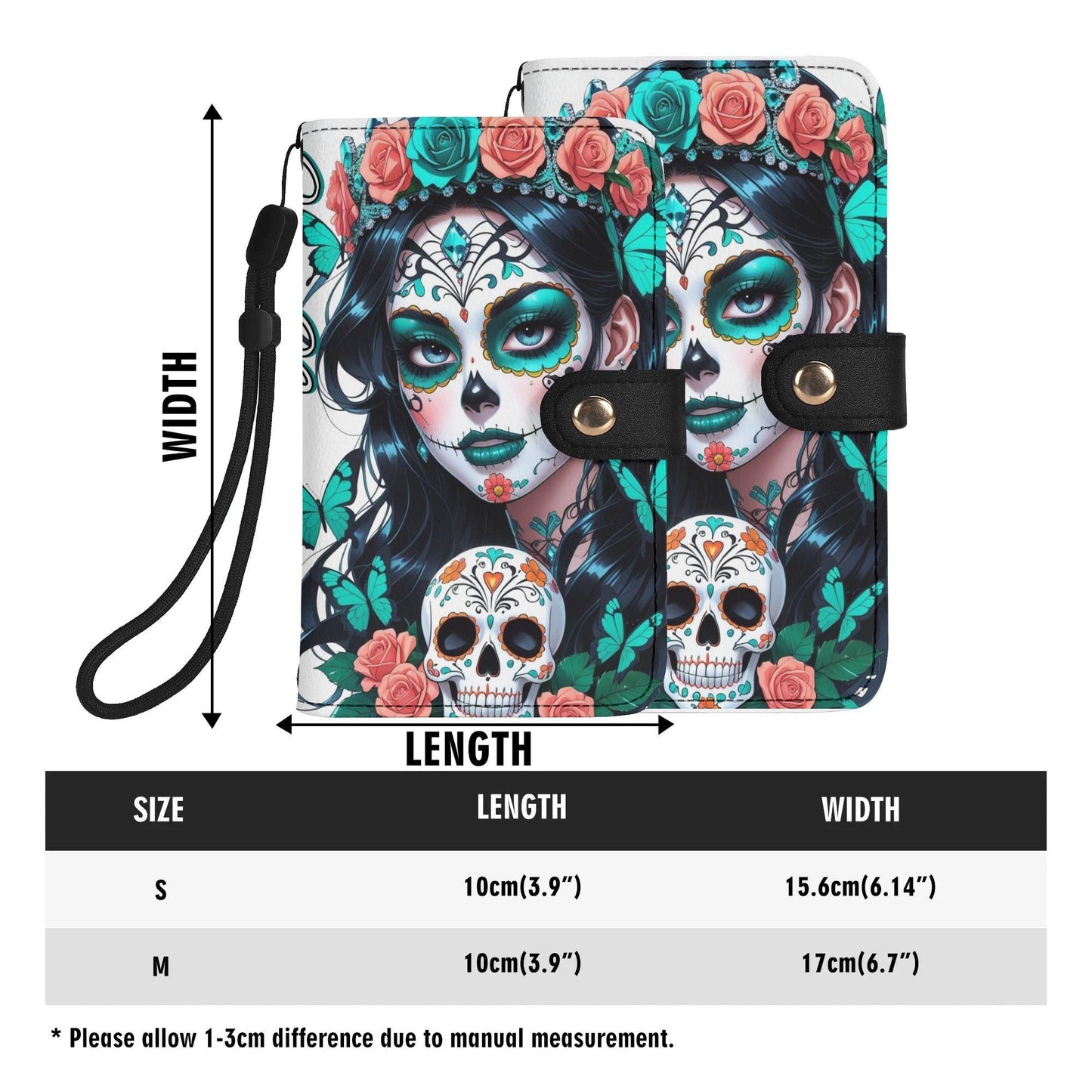 Custom Gothic Skull Phone Case with Red Roses â€“ Leather Wallet Cover â€“ Halloween Flip Case with Card Slots