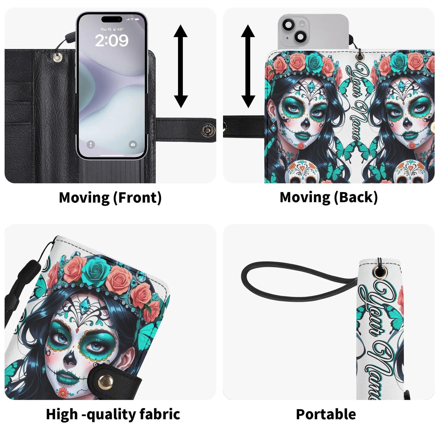 Custom Gothic Skull Phone Case with Red Roses â€“ Leather Wallet Cover â€“ Halloween Flip Case with Card Slots