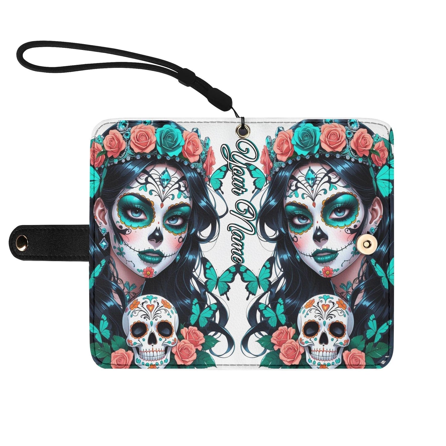 Custom Gothic Skull Phone Case with Red Roses â€“ Leather Wallet Cover â€“ Halloween Flip Case with Card Slots