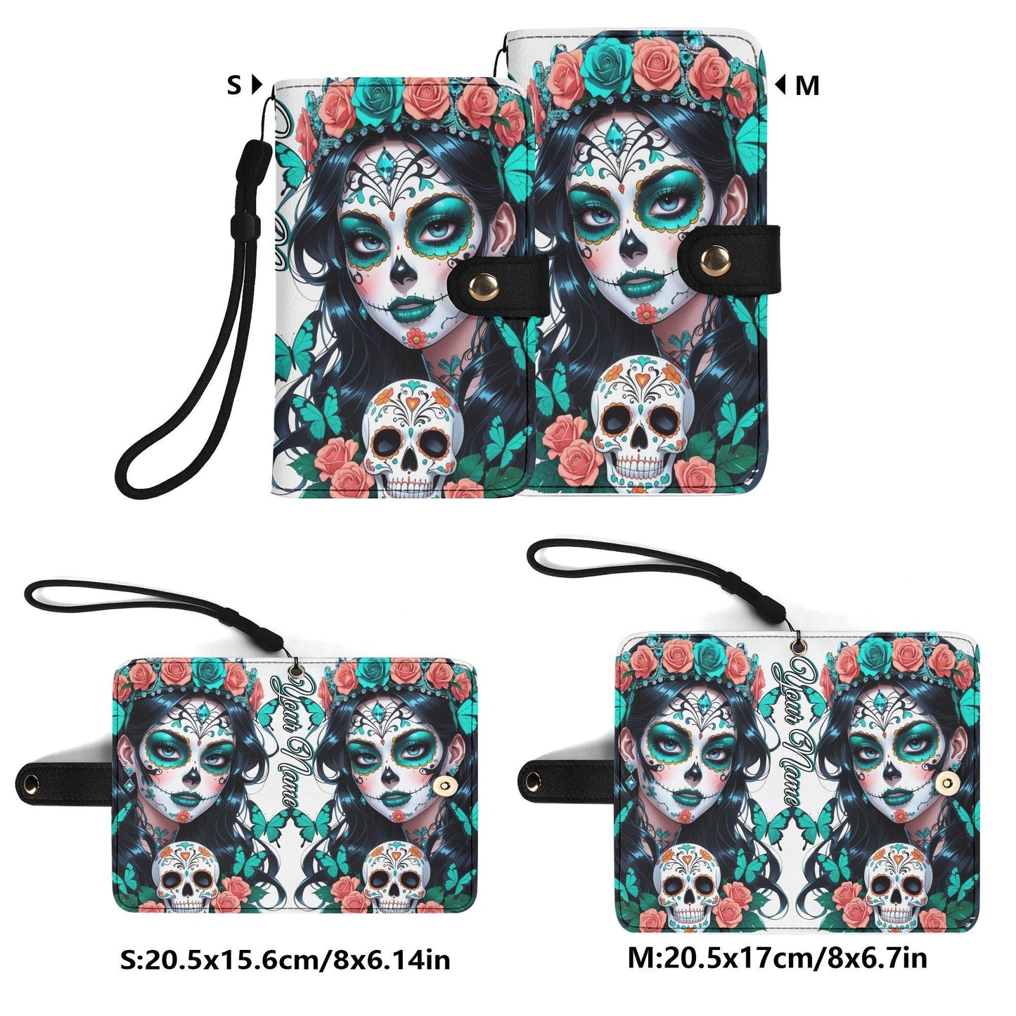 Custom Gothic Skull Phone Case with Red Roses â€“ Leather Wallet Cover â€“ Halloween Flip Case with Card Slots