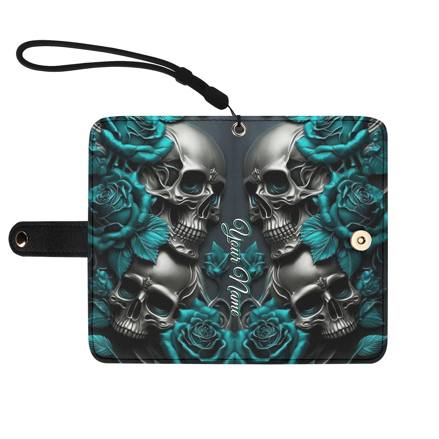 Dark Skull & Rose Phone Wallet Case â€“ Custom Name â€“ Gothic Leather Flip Cover â€“ Skeleton Phone Accessory with Card Slots