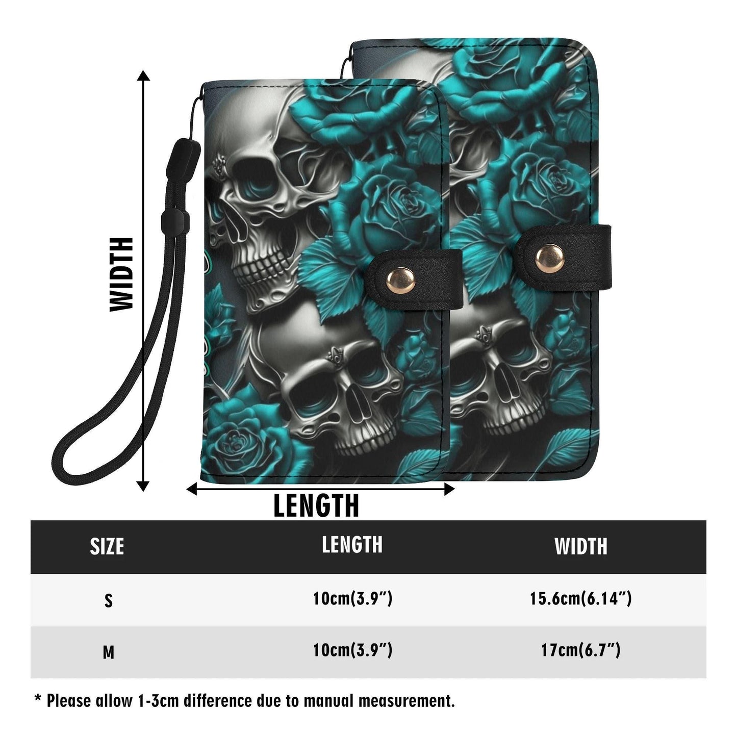 Dark Skull & Rose Phone Wallet Case â€“ Custom Name â€“ Gothic Leather Flip Cover â€“ Skeleton Phone Accessory with Card Slots