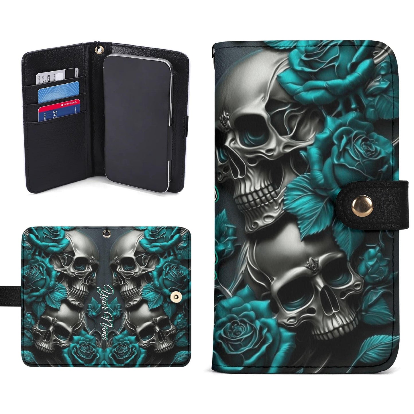 Dark Skull & Rose Phone Wallet Case â€“ Custom Name â€“ Gothic Leather Flip Cover â€“ Skeleton Phone Accessory with Card Slots