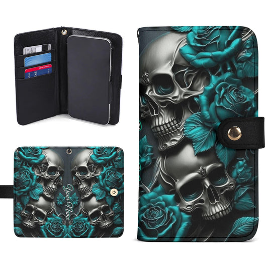 Dark Skull & Rose Phone Wallet Case â€“ Custom Name â€“ Gothic Leather Flip Cover â€“ Skeleton Phone Accessory with Card Slots