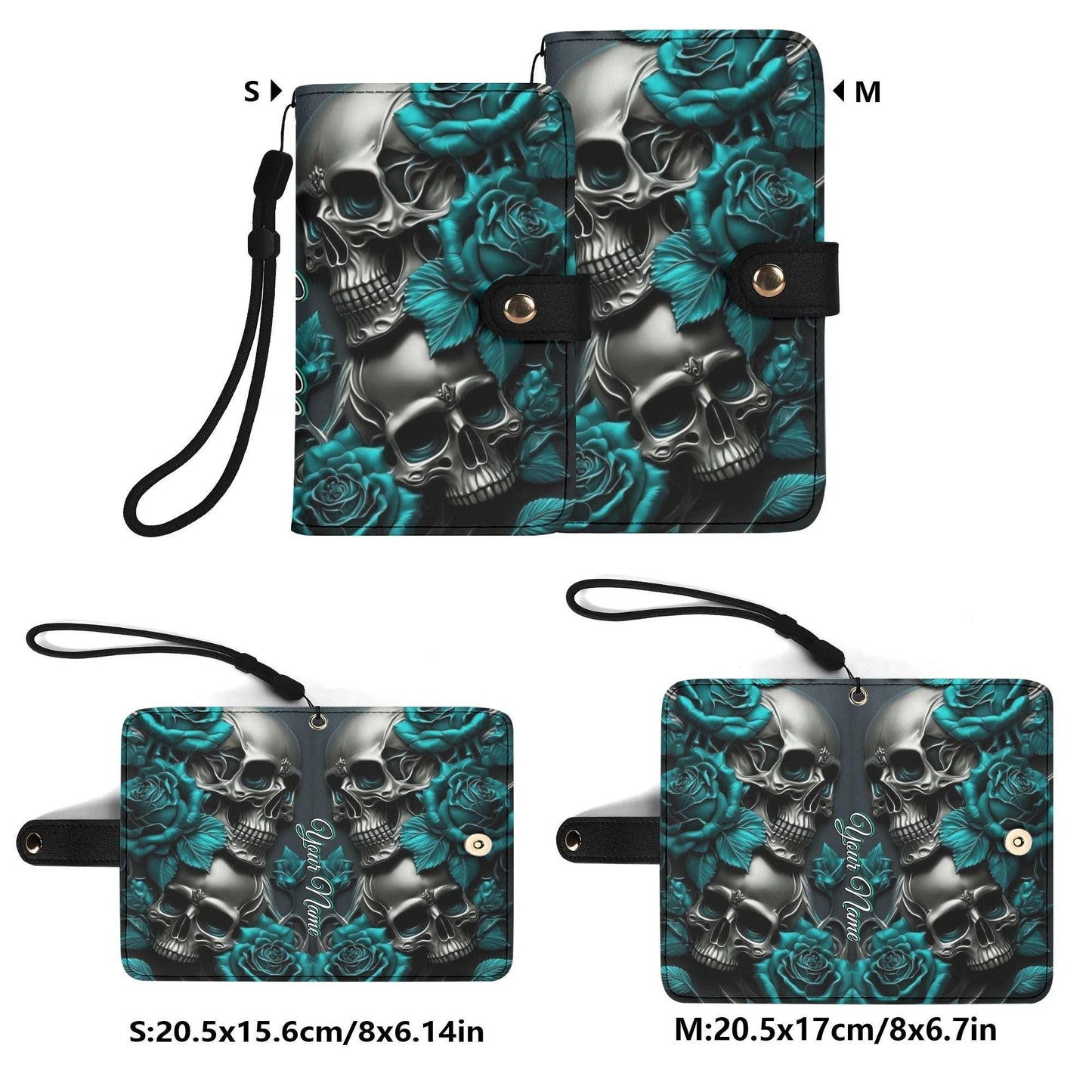 Dark Skull & Rose Phone Wallet Case â€“ Custom Name â€“ Gothic Leather Flip Cover â€“ Skeleton Phone Accessory with Card Slots