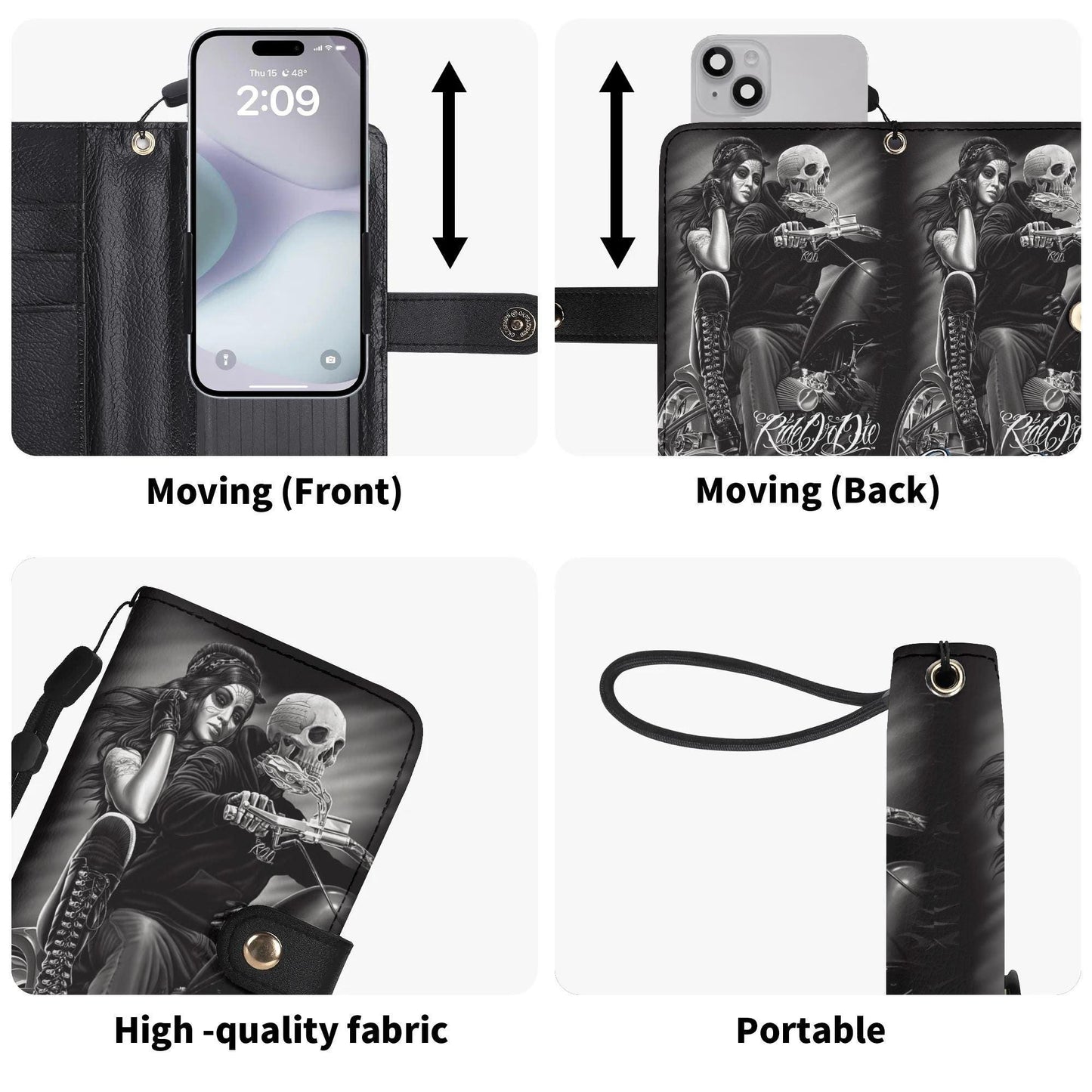 Skull Phone Flip Case PU Leather Cover for Most Mobile Phone Models, skeleton phone case, skull phone wallet, skull iphone case card holder