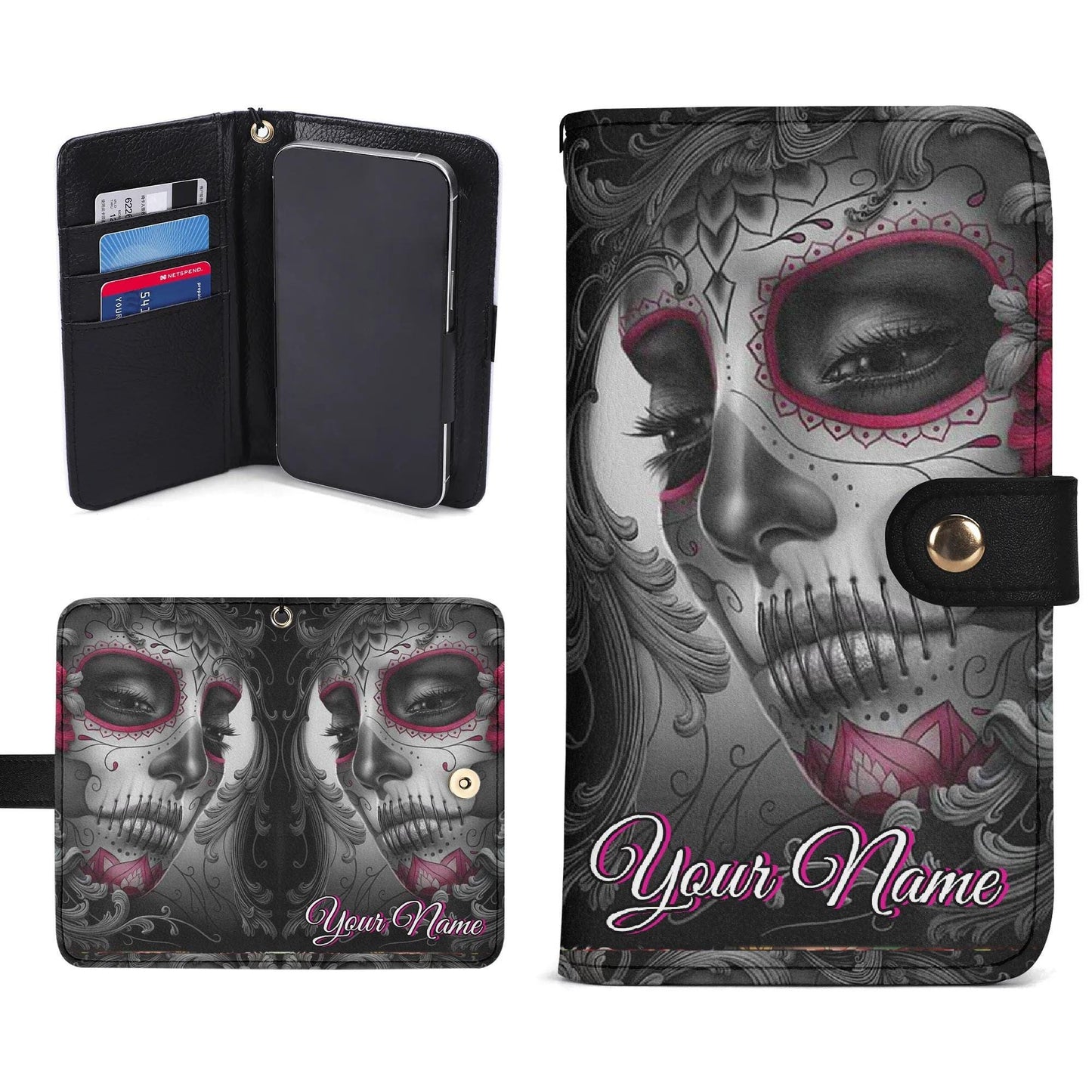 Skull Phone Flip Case PU Leather Cover for Most Mobile Phone Models, skeleton phone case, skull phone wallet, skull iphone case card holder
