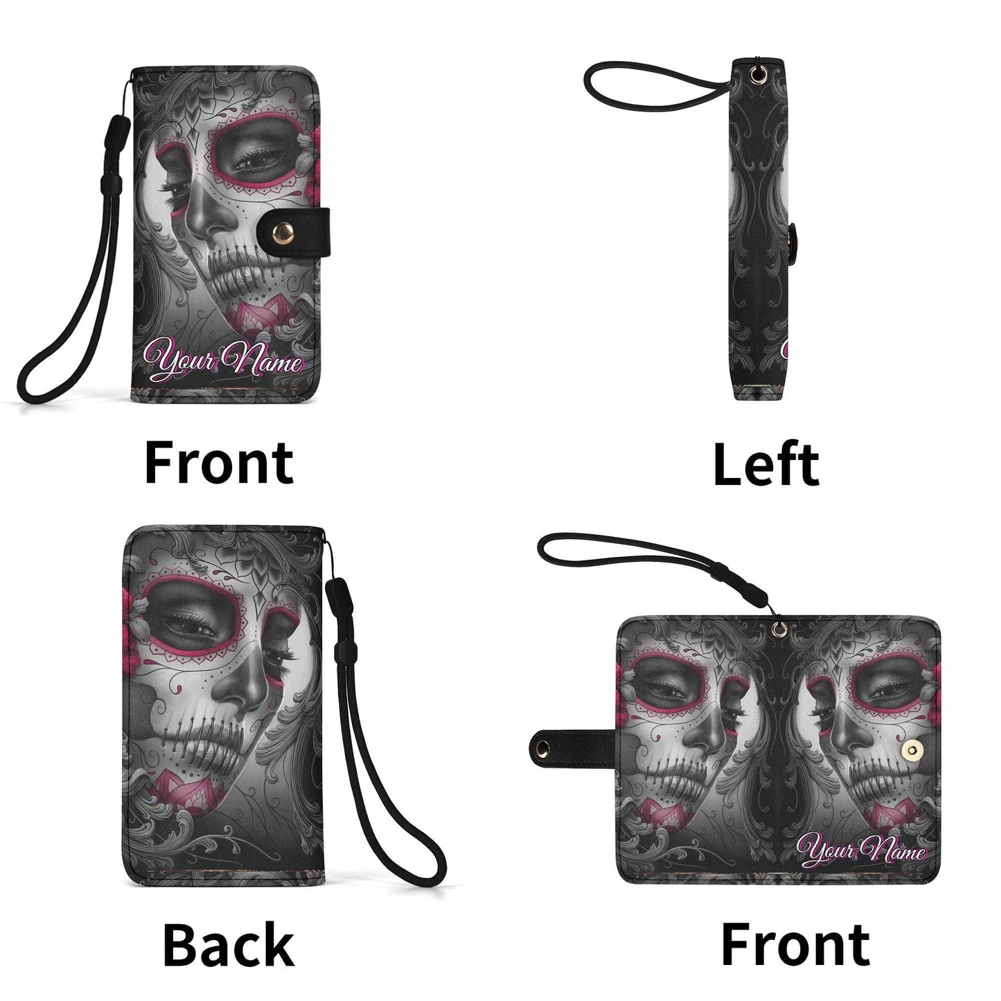 Skull Phone Flip Case PU Leather Cover for Most Mobile Phone Models, skeleton phone case, skull phone wallet, skull iphone case card holder