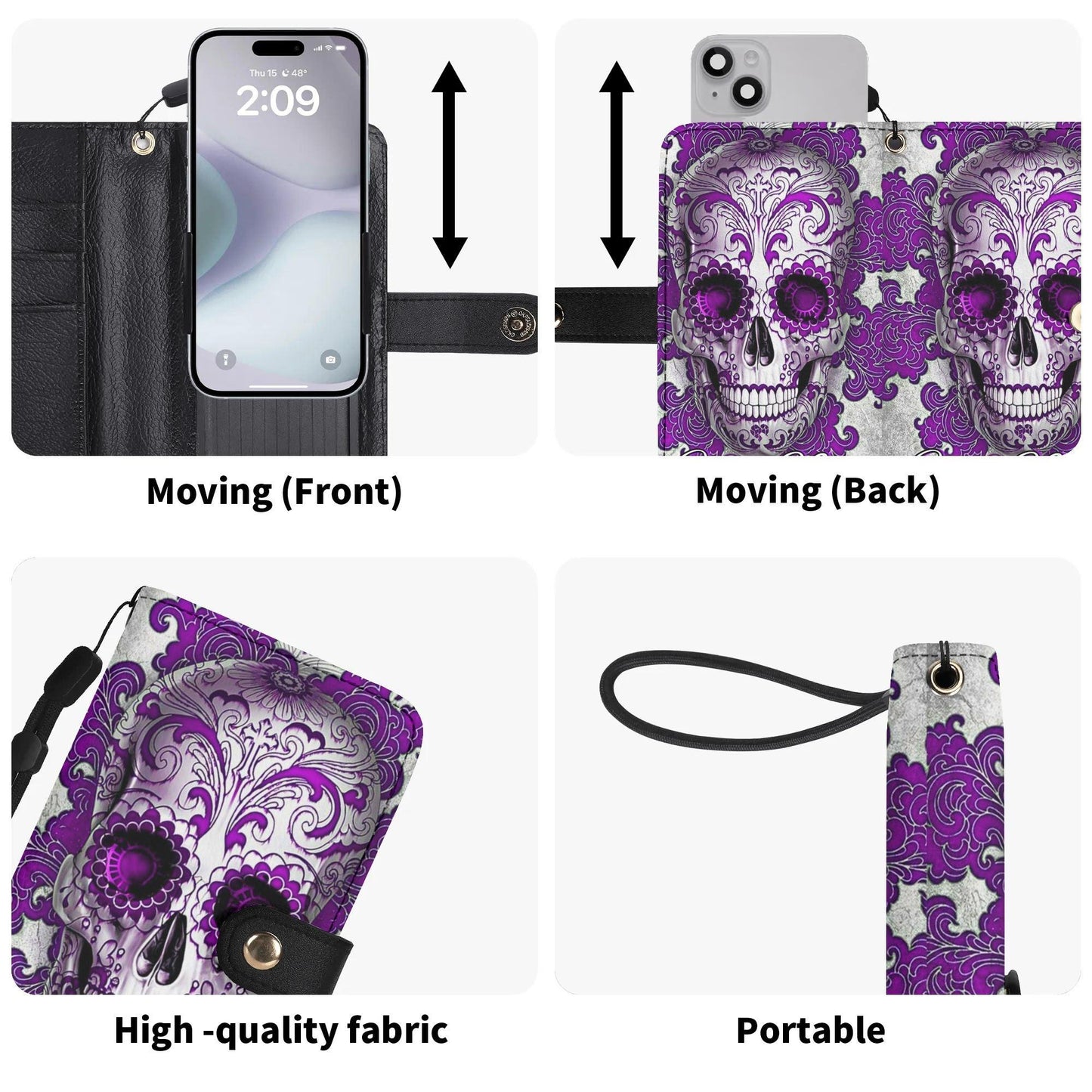Sugar skull Phone Flip Case PU Leather Cover candy skull phone case, sugar skull phone wallet, day of the dead skull iphone case card holder