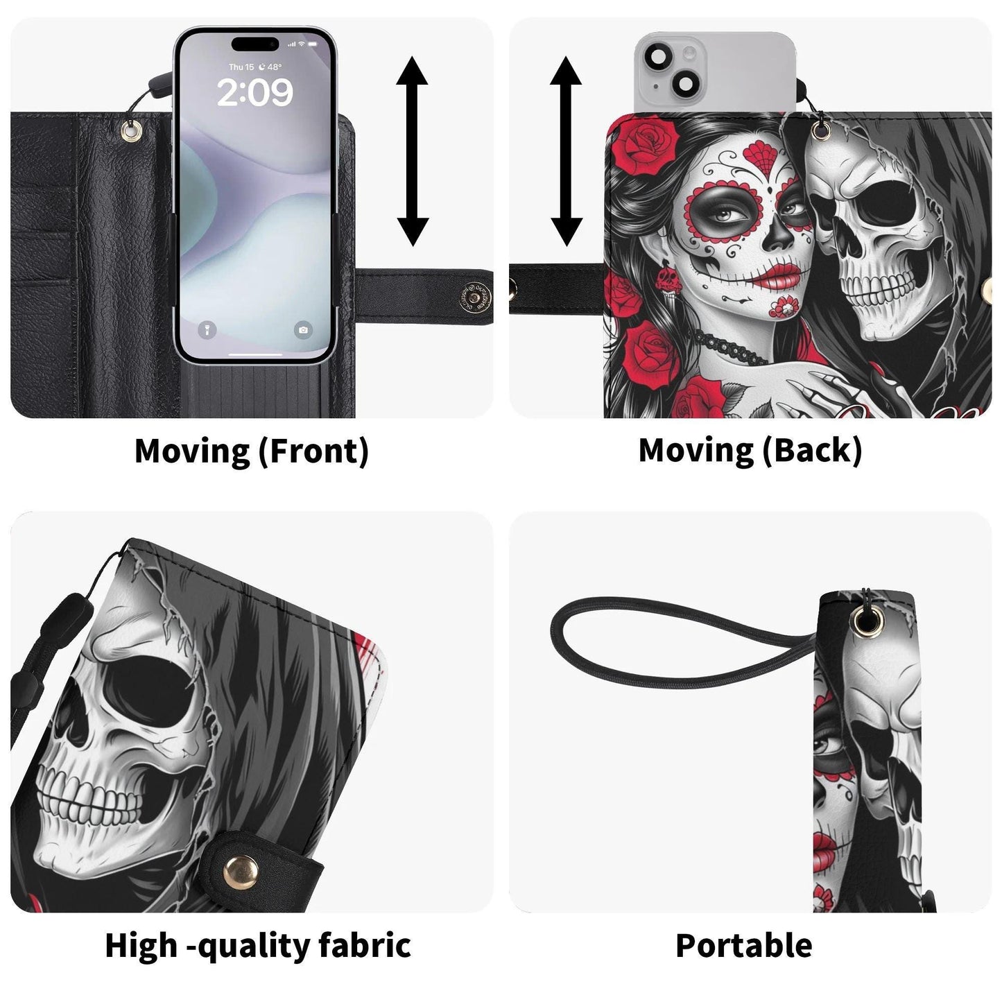 Sugar skull flip case for iphone samsung grim reaper phone case skull phone flip cover, gothic skeleton phone case, candy skull phone wallet