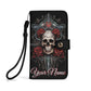 Gothic Skull Phone Wallet Case with Roses â€“ Custom Name â€“ Leather Flip Cover with Card Holder, Grim Reaper Style Phone Case
