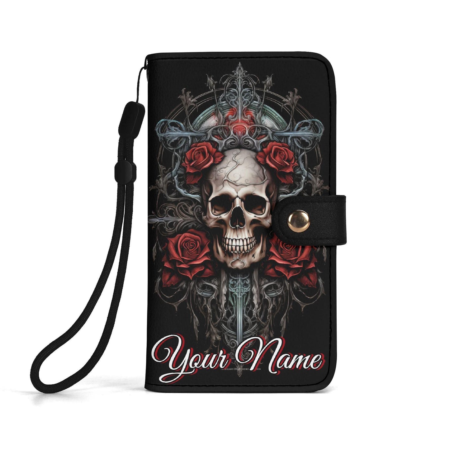 Gothic Skull Phone Wallet Case with Roses â€“ Custom Name â€“ Leather Flip Cover with Card Holder, Grim Reaper Style Phone Case