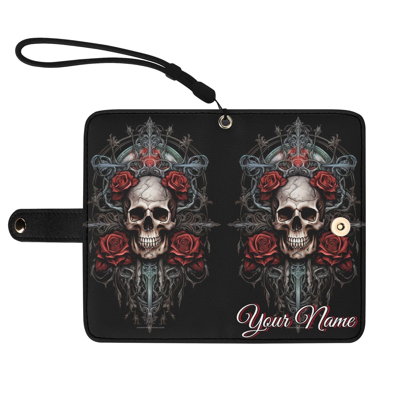 Gothic Skull Phone Wallet Case with Roses â€“ Custom Name â€“ Leather Flip Cover with Card Holder, Grim Reaper Style Phone Case