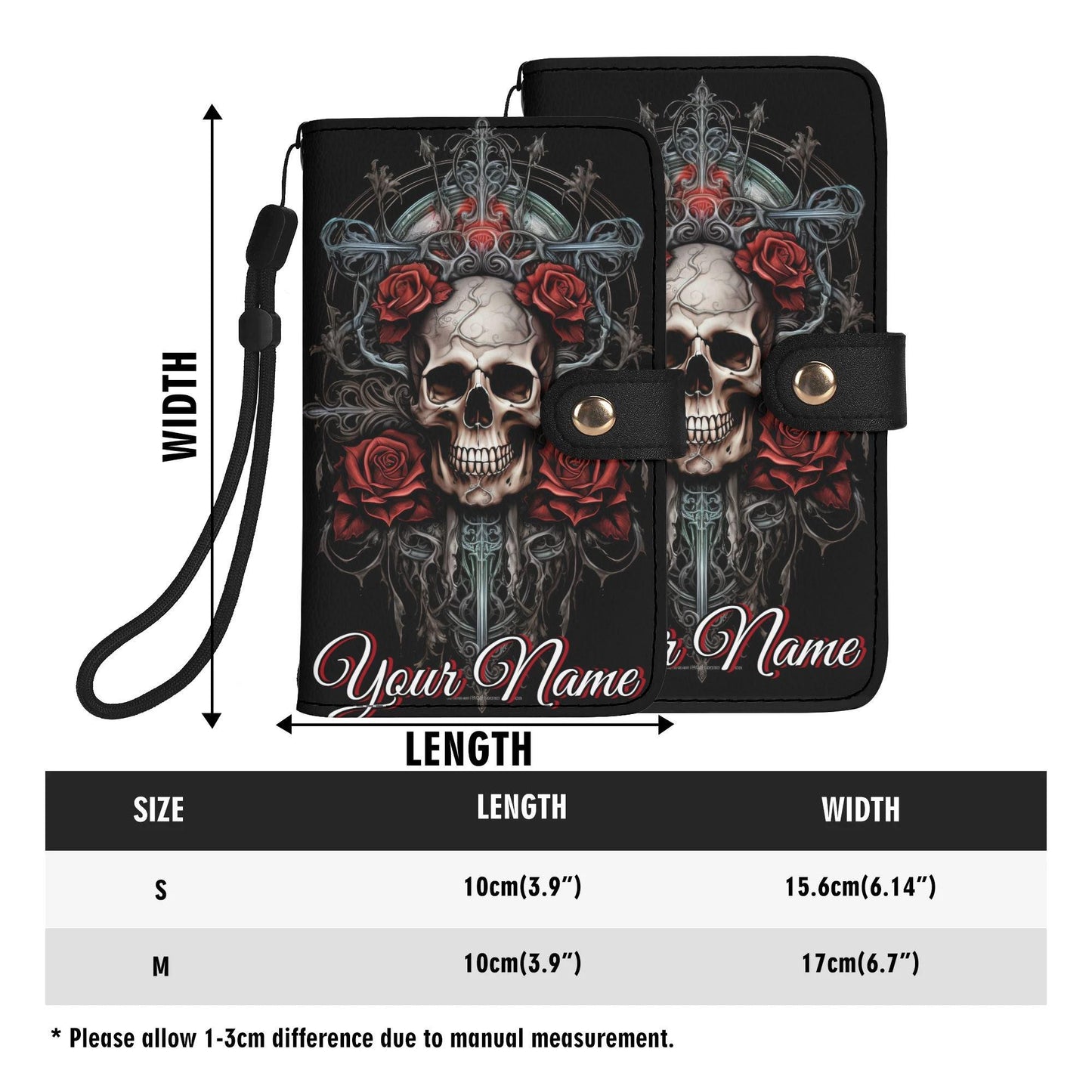 Gothic Skull Phone Wallet Case with Roses â€“ Custom Name â€“ Leather Flip Cover with Card Holder, Grim Reaper Style Phone Case