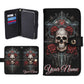 Gothic Skull Phone Wallet Case with Roses â€“ Custom Name â€“ Leather Flip Cover with Card Holder, Grim Reaper Style Phone Case