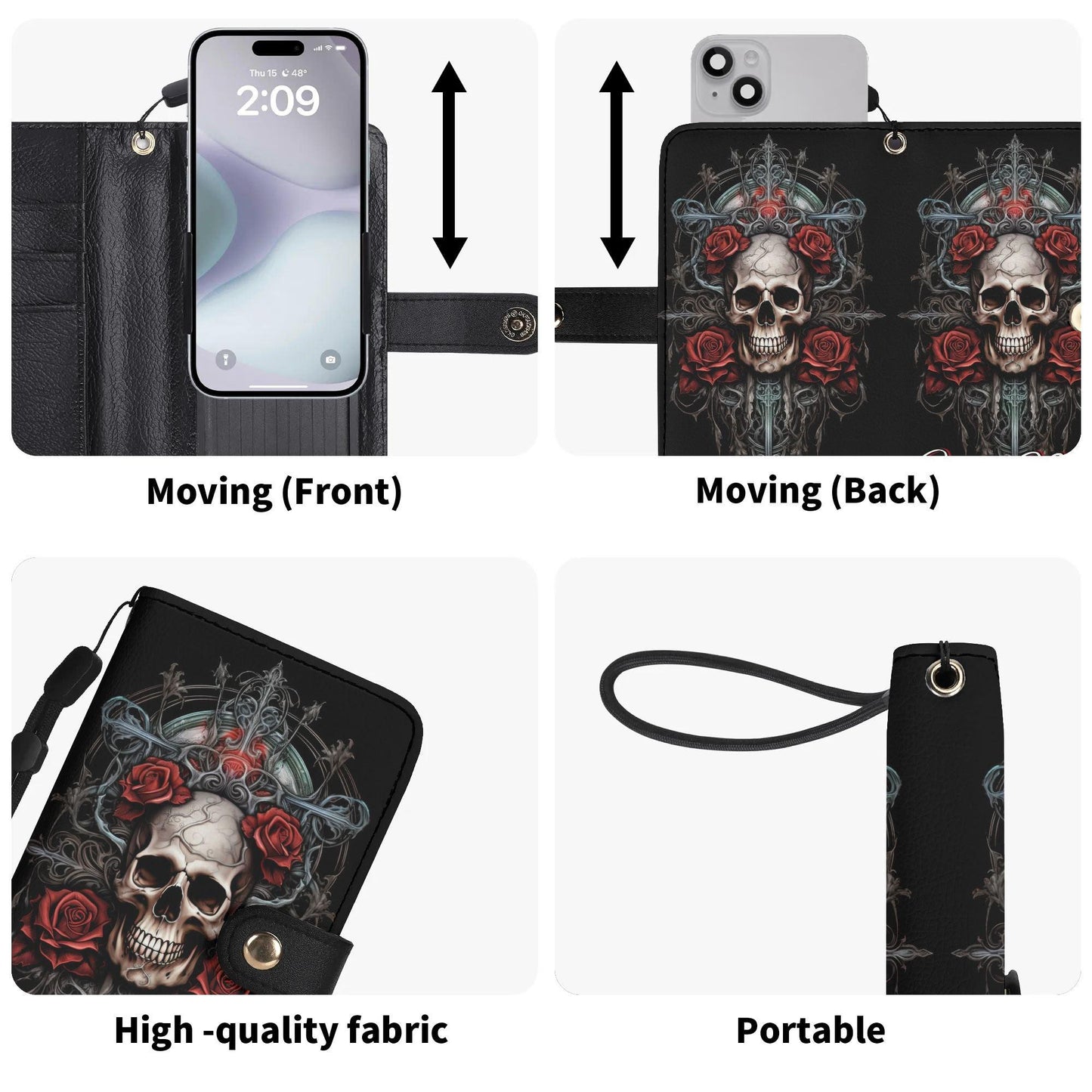 Gothic Skull Phone Wallet Case with Roses â€“ Custom Name â€“ Leather Flip Cover with Card Holder, Grim Reaper Style Phone Case