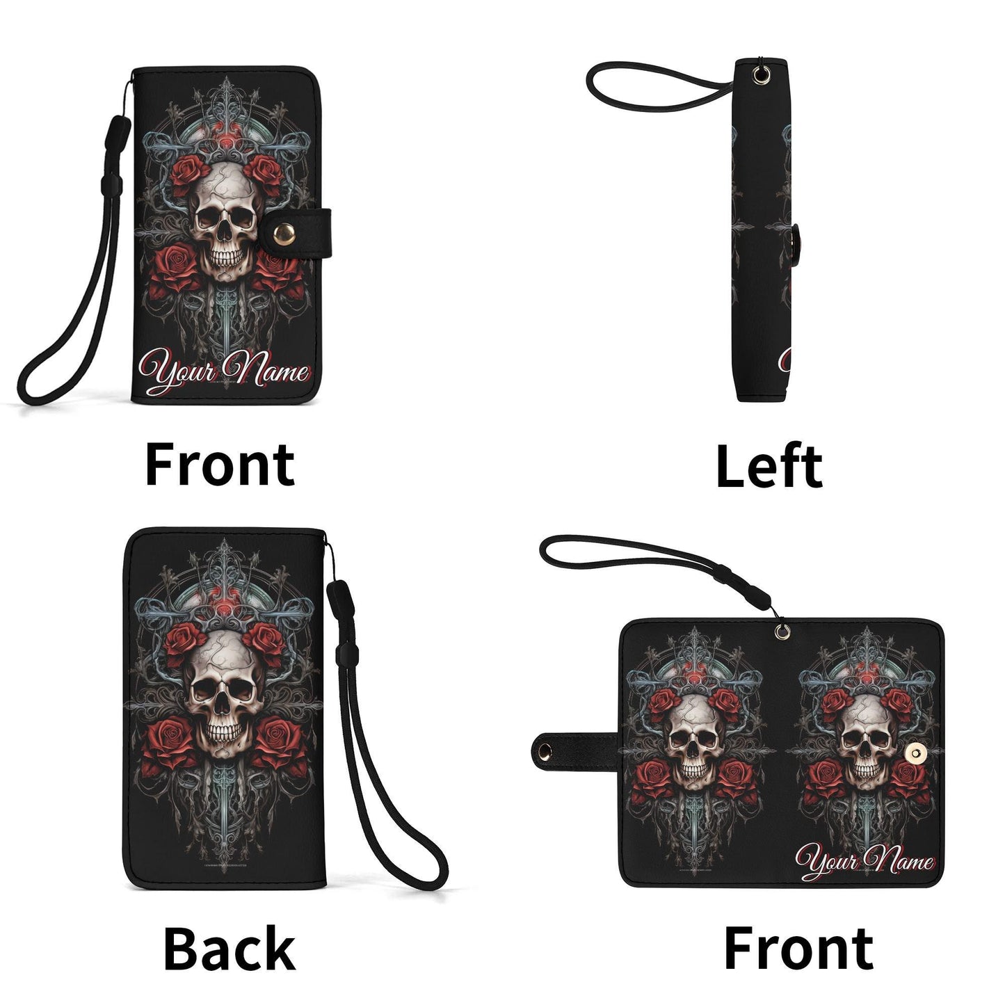 Gothic Skull Phone Wallet Case with Roses â€“ Custom Name â€“ Leather Flip Cover with Card Holder, Grim Reaper Style Phone Case