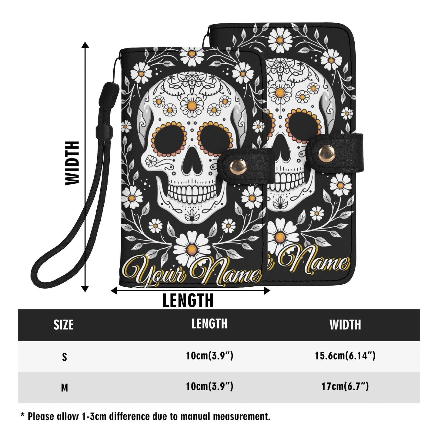 Sugar Skull Phone Wallet Case with Roses â€“ Custom Name â€“ Leather Flip Cover with Card Holder, Day of the dead Style Phone Case