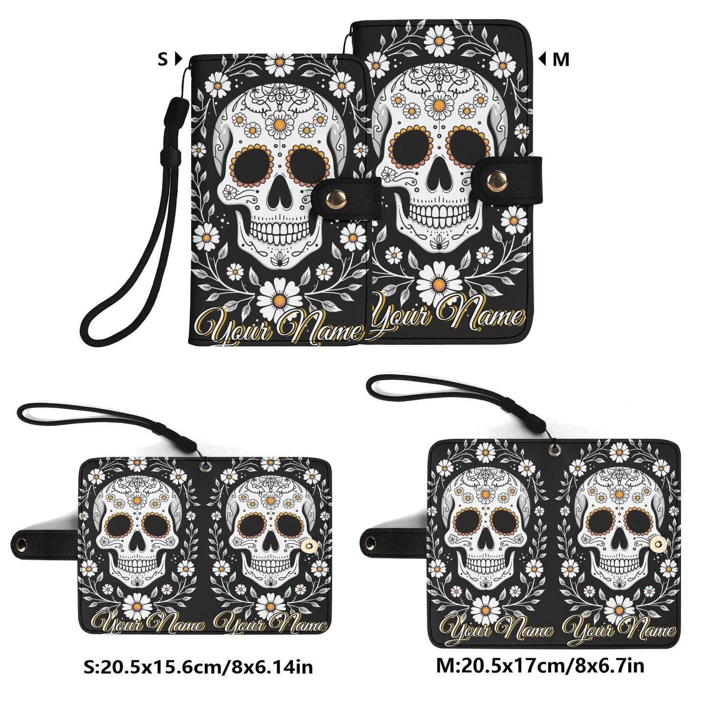 Sugar Skull Phone Wallet Case with Roses â€“ Custom Name â€“ Leather Flip Cover with Card Holder, Day of the dead Style Phone Case