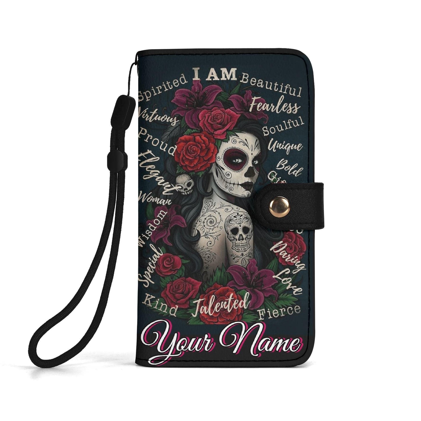 Sugar Skull girl Phone Wallet Case â€“ Custom Name â€“ Candy skull Leather Flip Cover with Card Holder, Dia de los muertos skull Phone Case