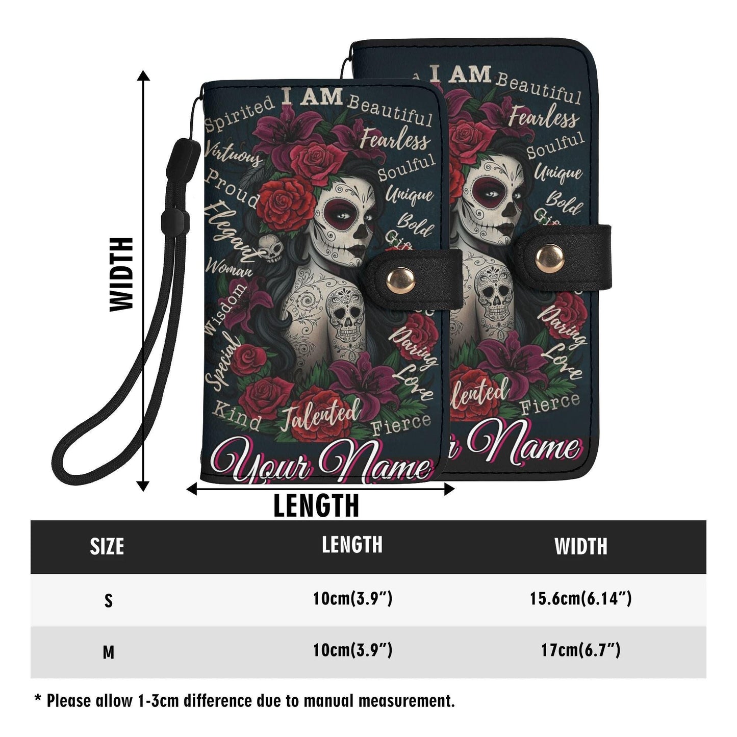 Sugar Skull girl Phone Wallet Case â€“ Custom Name â€“ Candy skull Leather Flip Cover with Card Holder, Dia de los muertos skull Phone Case