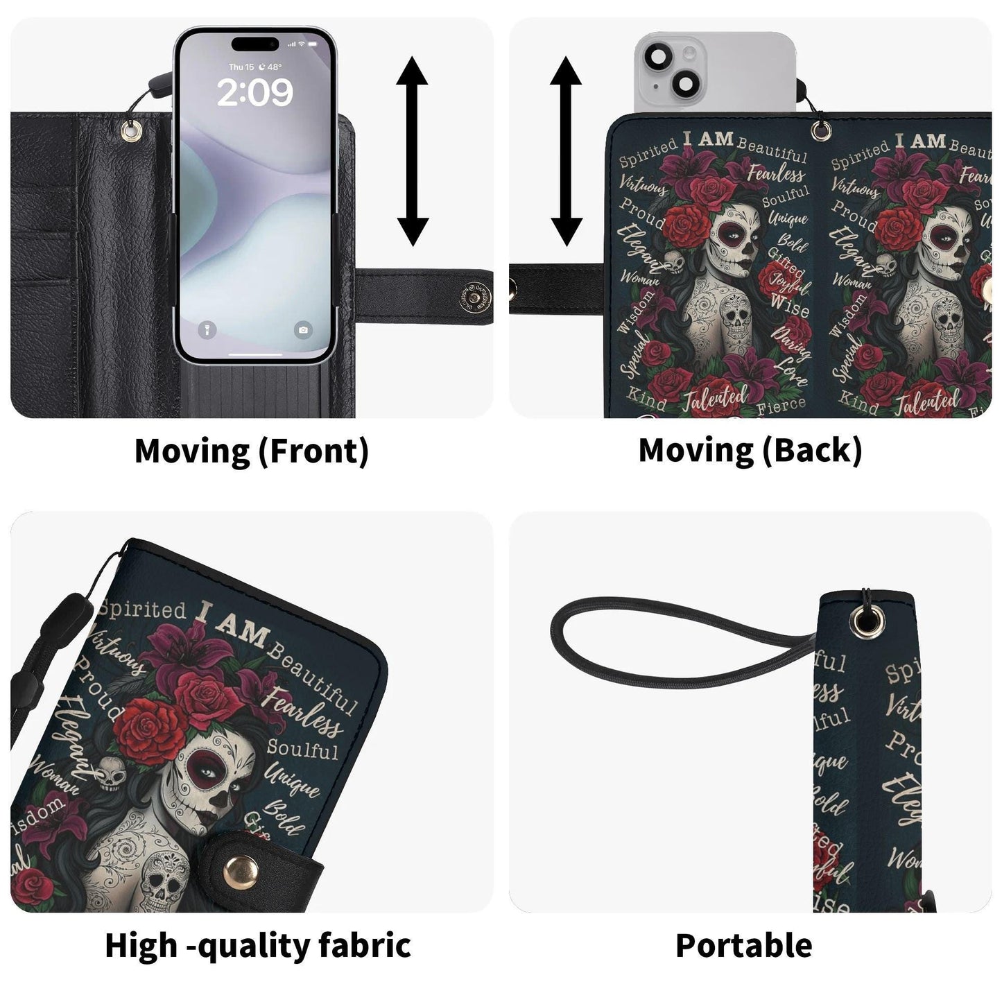 Sugar Skull girl Phone Wallet Case â€“ Custom Name â€“ Candy skull Leather Flip Cover with Card Holder, Dia de los muertos skull Phone Case