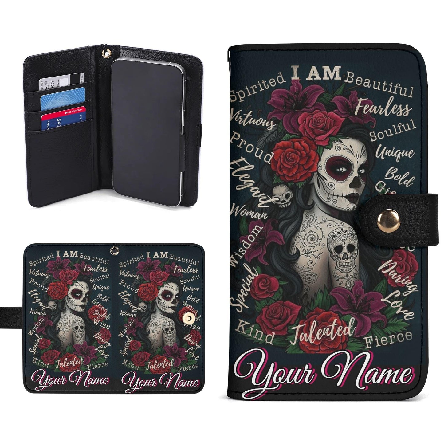 Sugar Skull girl Phone Wallet Case â€“ Custom Name â€“ Candy skull Leather Flip Cover with Card Holder, Dia de los muertos skull Phone Case
