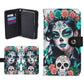 Custom Gothic Skull Phone Case with Red Roses â€“ Leather Wallet Cover â€“ Halloween Flip Case with Card Slots