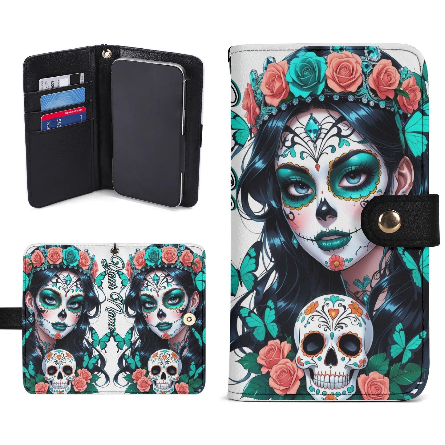 Custom Gothic Skull Phone Case with Red Roses â€“ Leather Wallet Cover â€“ Halloween Flip Case with Card Slots