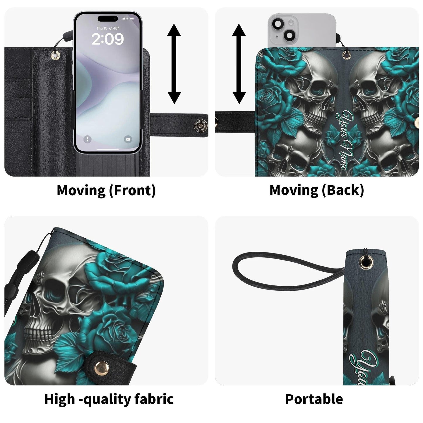 Dark Skull & Rose Phone Wallet Case â€“ Custom Name â€“ Gothic Leather Flip Cover â€“ Skeleton Phone Accessory with Card Slots