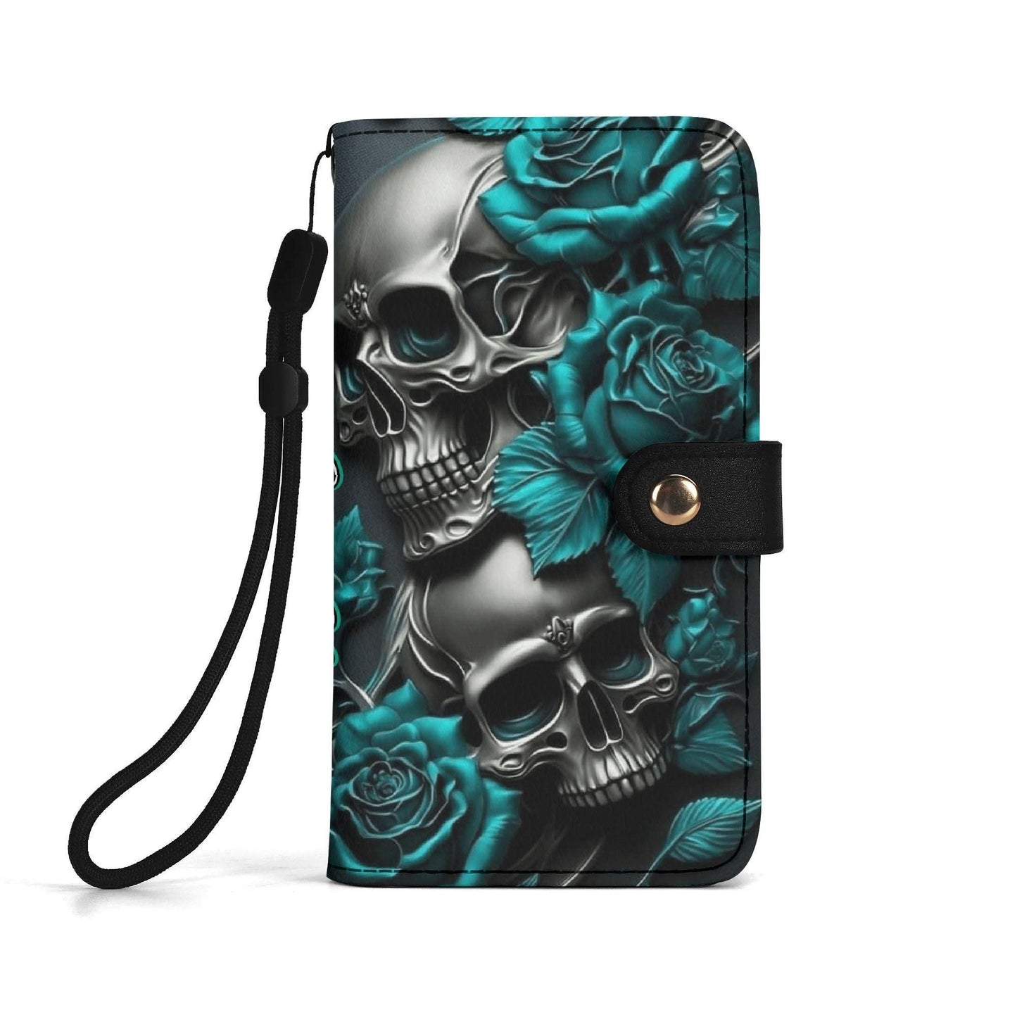 Dark Skull & Rose Phone Wallet Case â€“ Custom Name â€“ Gothic Leather Flip Cover â€“ Skeleton Phone Accessory with Card Slots