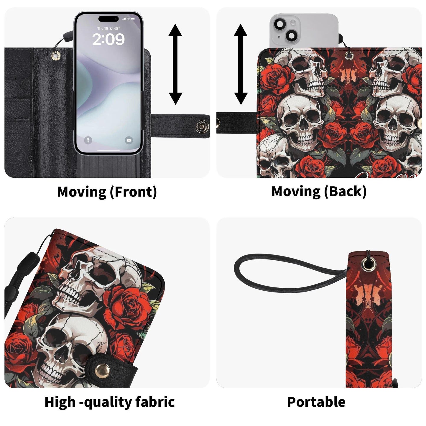 Gothic & Sugar Skull Phone Wallet Case Flip Cover with Card Slot Spooky phone case, halloween case for iphone samsung, gothic phone wallet