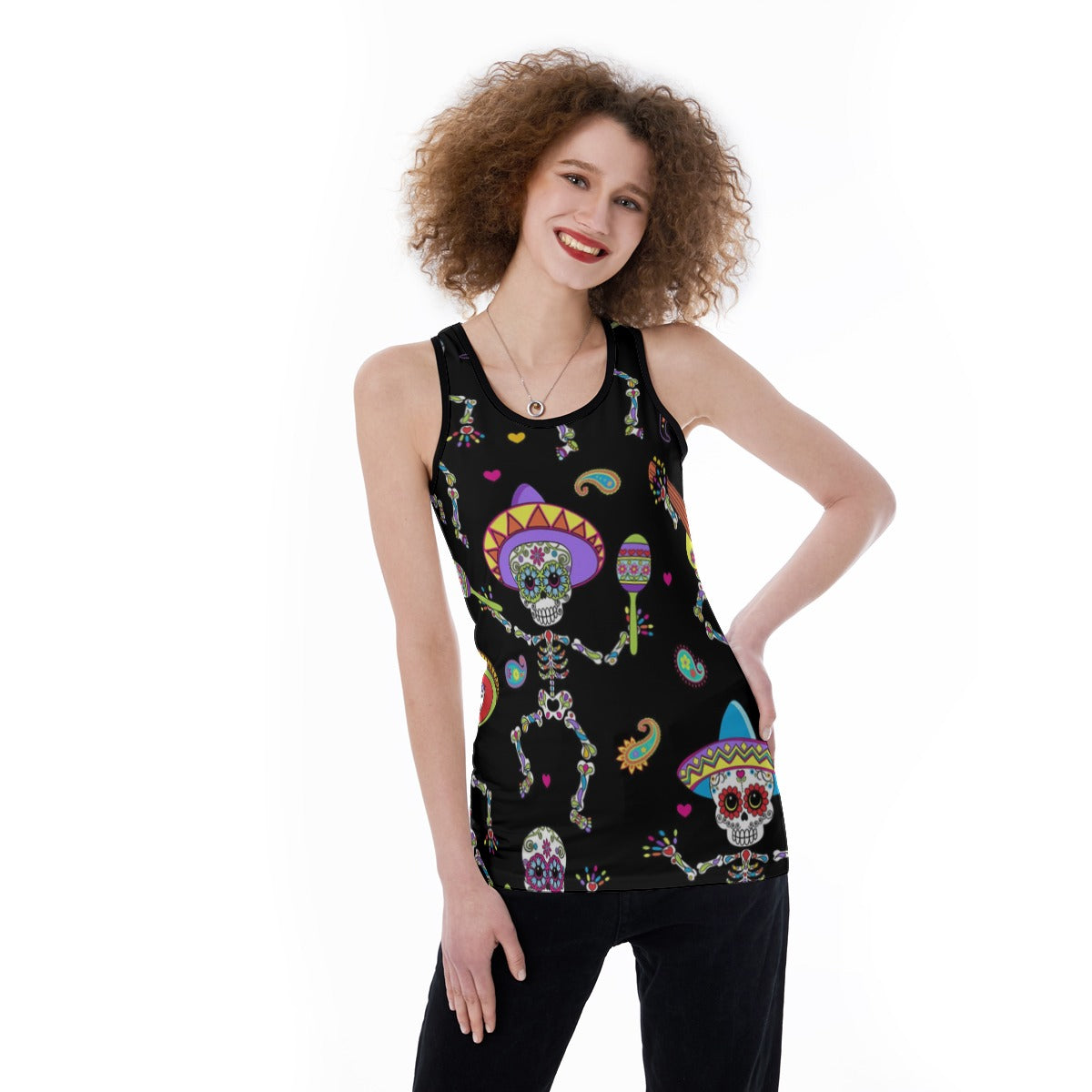 Dia de los muertos skull Women's Back Hollow Tank Top, sugar skull skeleton tank top for women