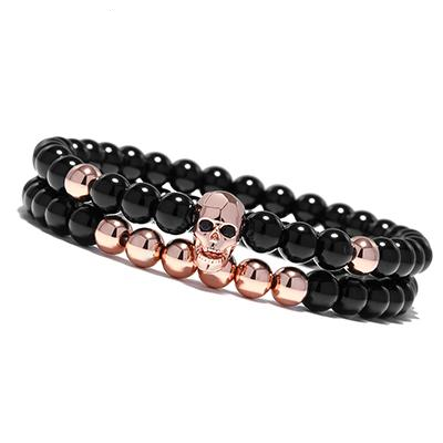 Steampunk Metal Smile Skull Bracelets Set Elastic Black Beads Chain Skeleton