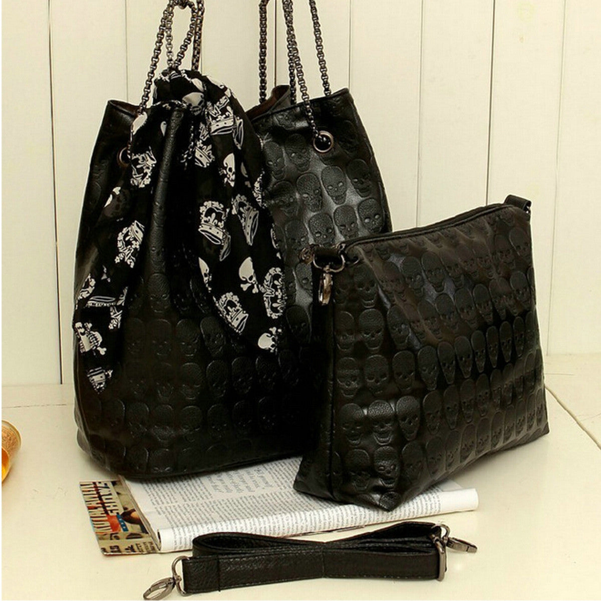 2pcs Fashion Women Leather Skull Handbag Shoulder Crossbody Messenger Bag Purse