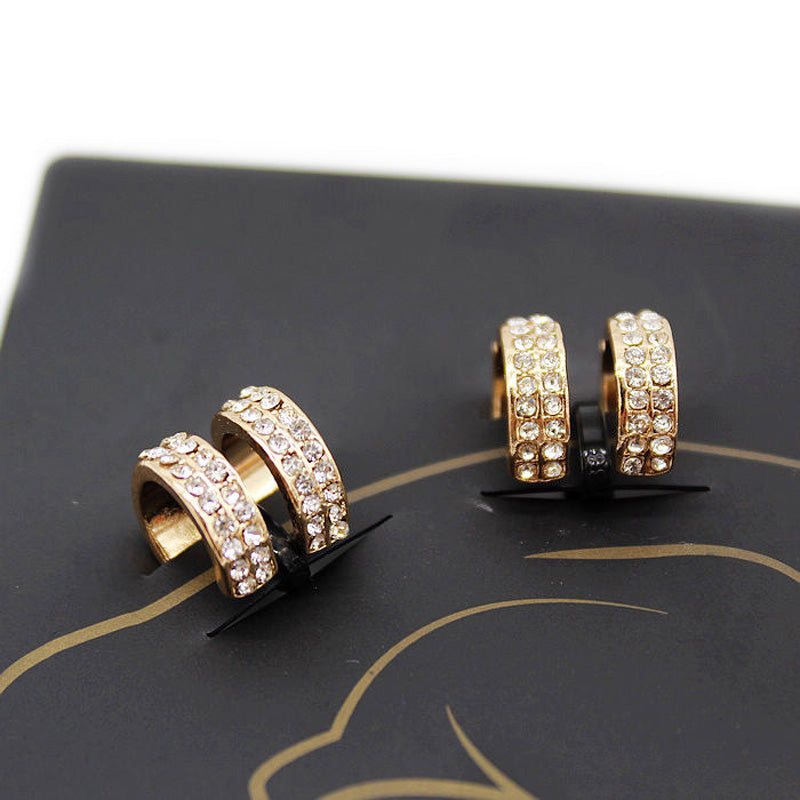 1 Pair Trendy Small Round Ear Cuff Earrings for Women Gold and Silver Plated 2 Rows Rhinestone Clip Earrings Without Piercing