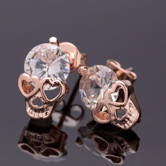 1 Pair Women Ladies Rose Gold Tone Crystal Skull Pierced Studs Earrings