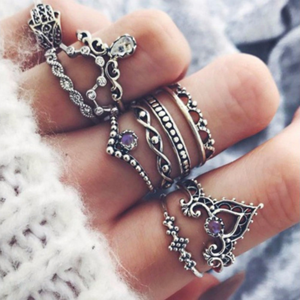 10 Pcs/Set Women Bohemian Fatima Hand Crown Hollow Caved Geometric Joint Knuckle Rings