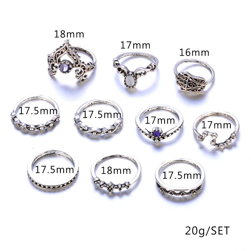 10 Pcs/Set Women Bohemian Fatima Hand Crown Hollow Caved Geometric Joint Knuckle Rings