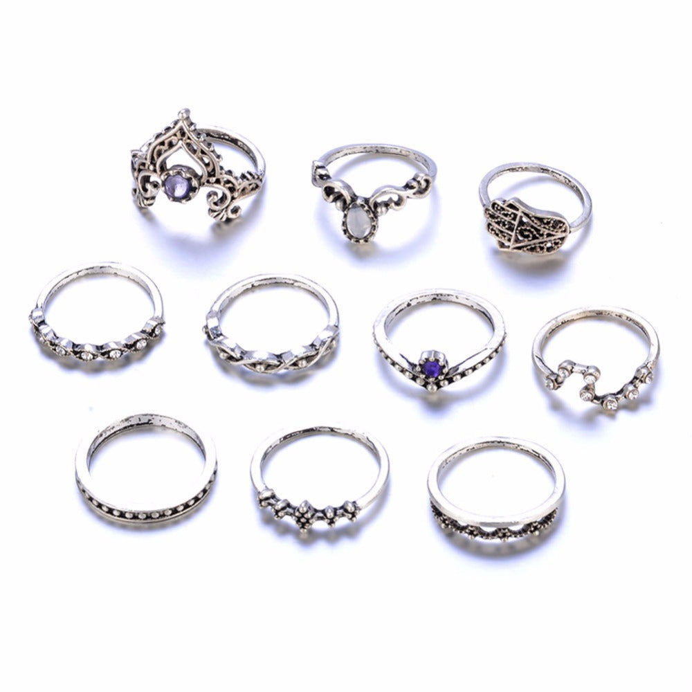 10 Pcs/Set Women Bohemian Fatima Hand Crown Hollow Caved Geometric Joint Knuckle Rings