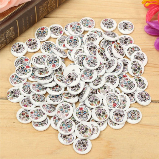 100Pcs 2 Holes Mixed Skull Pattern Wooden Sewing Button