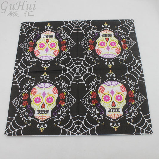 100Pcs Colorful Punk Flower Skull Halloween Design Tissue Disposable Paper Napkin