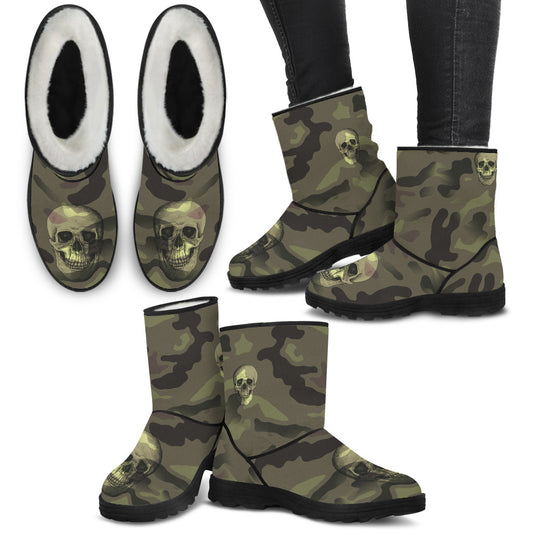Camo Skull Faux Fur Boots Camouflage with Skulls