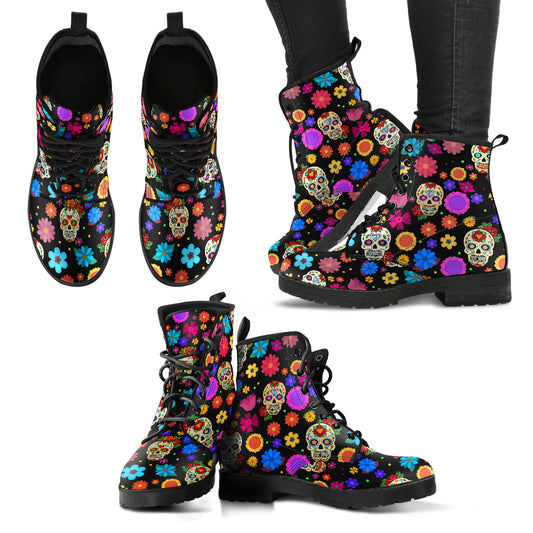 Sugar Skull Party Vegan Leather Boots for Women