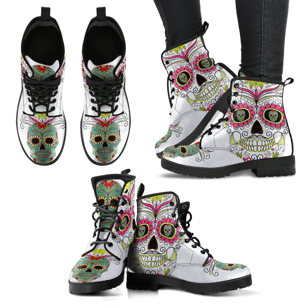 Sugar skull leather boots for women