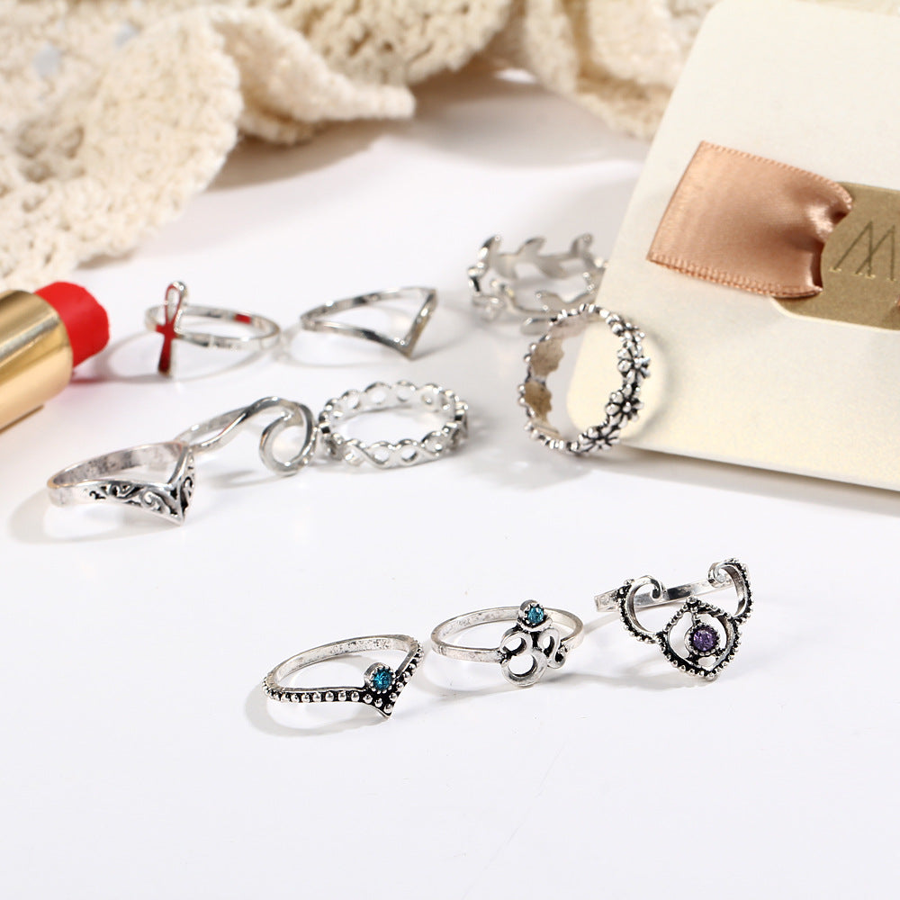 10pcs/Set Antique Silver Color Cross Crown Crystal Rhinestone Finger Rings For Women Hollow Flower Midi Knuckle Ring Set Jewelry