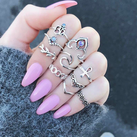 10pcs/Set Bohemian Crystal Midi Rings For Women Yoga Symbol Crown Leaf Infinity Charms Knuckle Ring Set Beach Party Jewelry Gift