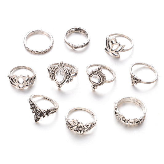 10pcs/set Bohemian Finger Midi Ring Sets Steampunk Carved Hollow Out Flower Knuckle Rings for Women Vintage Silver Color Jewelry