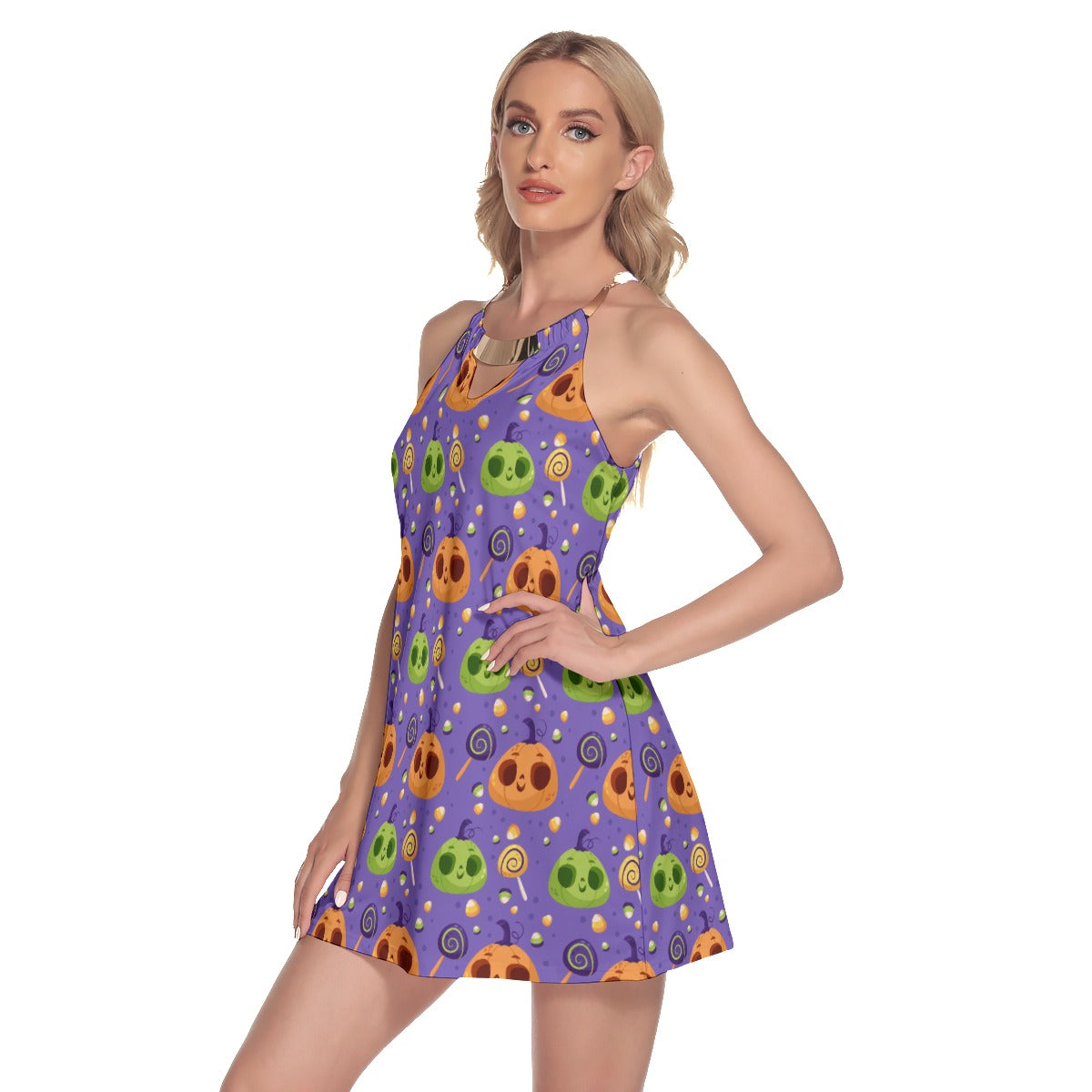 Halloween Skull Women's Round Neck Above Knee Dress